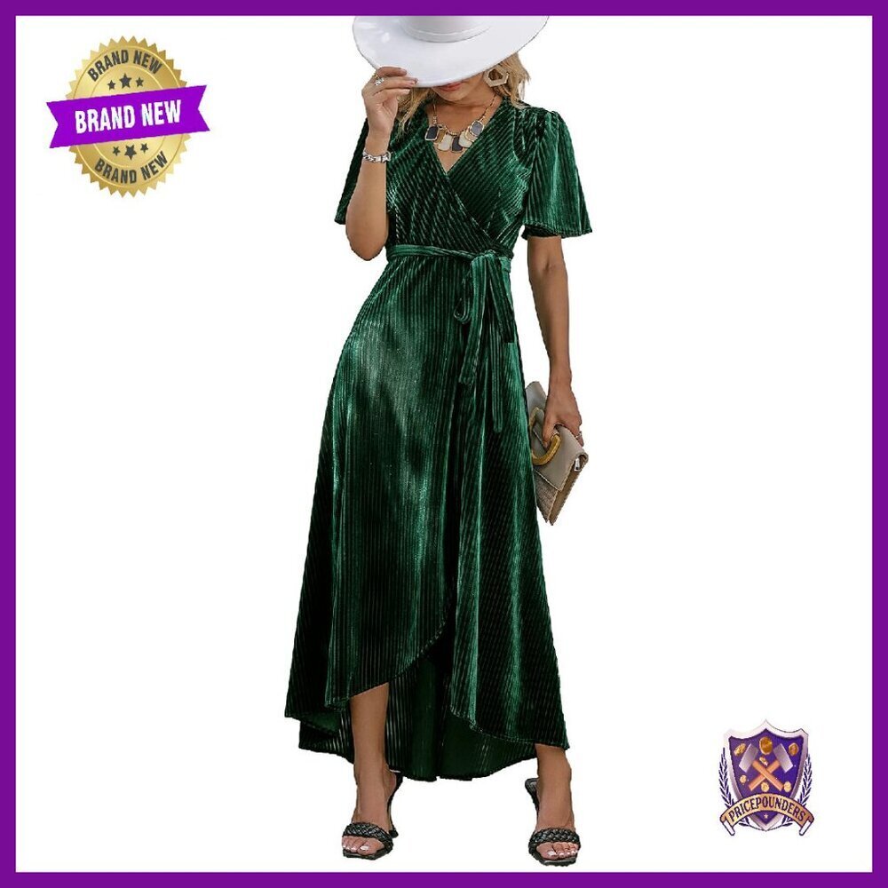 Velvet V Neck Wrap Midi Dress Semi Formal Wedding Guest Cocktail Party